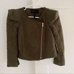 BCBGMaxAzria Olive Green Quilt Crop Puff Sleeve Jacket